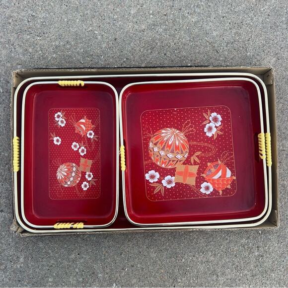 Vintage Toyo Japan Laquerware Nesting Tray Set 3 Maroon Metallic Oriental in box - Picture 3 of 5